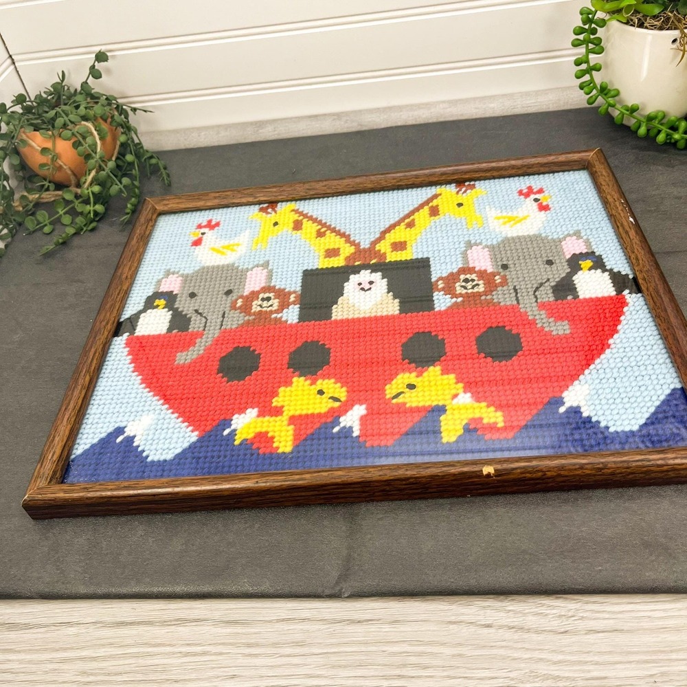 Vintage Framed Noah's Ark Needlepoint Picture: Nursery Decor